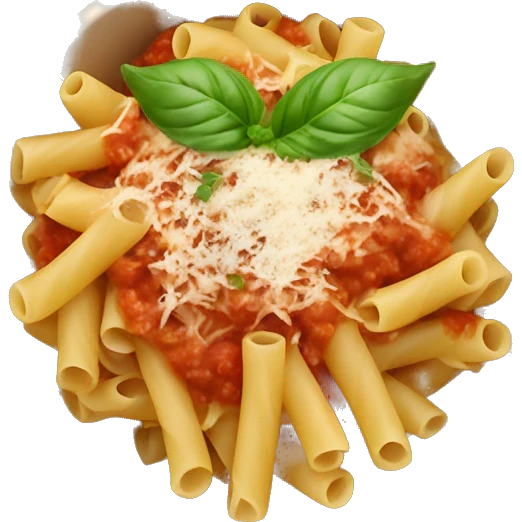 a bowl of pasta with tomato sauce and a sprig of basil and parmesan cheese on top emoji