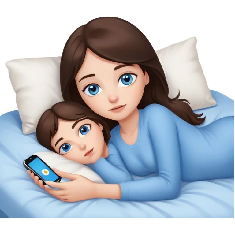 White girl brunett blue eyes, laying In bed on her stomach using her phone emoji