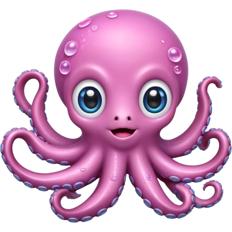 playful octopus with shiny plastic effect, big glittering eyes, small body, happy expression, pink cheeks, detailed surface, soft pastel palette with vivid accents, little accessories like bows, strong highlights emoji