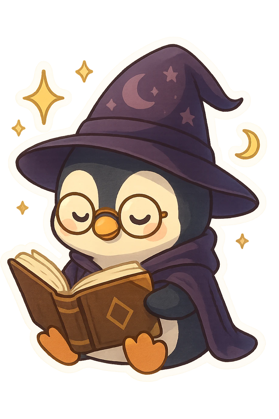 charming penguin wizard, reading a spellbook, glasses, mystical, fantasy style emoji
