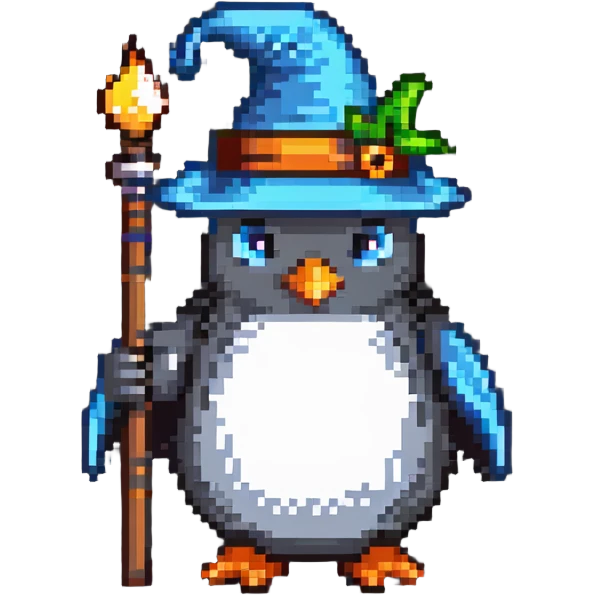 penguin wizard with staff and hat emoji