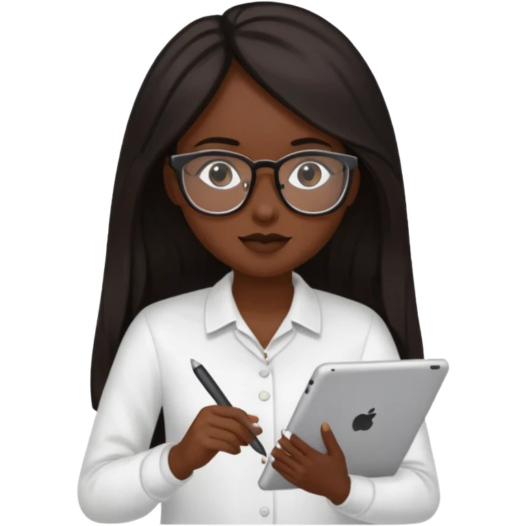 Yo, una chica de piel morena de pelo largo oscuro con lentes para ver, con la tablet trabajando  emoji
