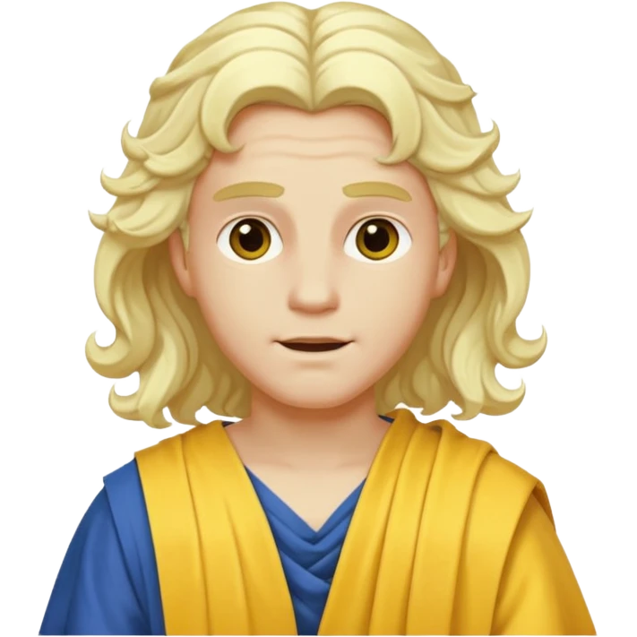 Apollo from Olympus Gods with long white blonde wavy hair, yellow toga emoji