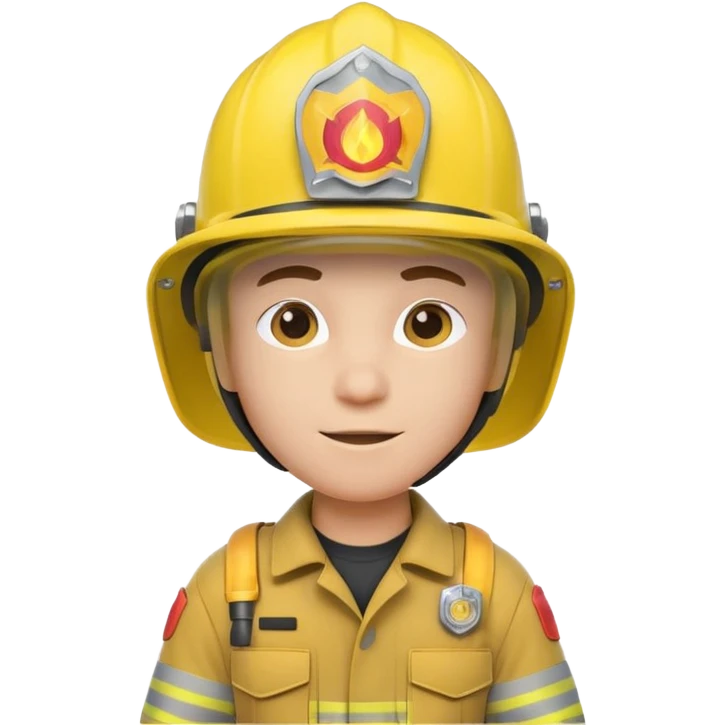 3D cartoon-style firefighter in the Apple emoji style, wearing a bright yellow helmet and fireproof uniform, front-facing, soft lighting, white background. emoji