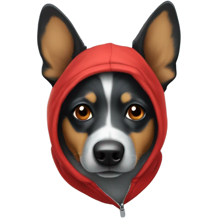 Blue heeler wearing a big red hoodie emoji