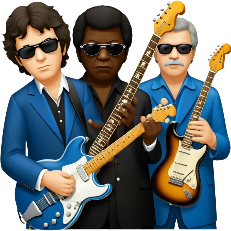 Icon for Blues Music: close-up collage of legendary blues artists. Gary Moore, Eric Clapton, B.B. King and Joe Cocker. Represented by silhouettes or symbolic items like guitars, microphones, or music notes, reflecting the soulful energy of blues music. Transparent background. emoji