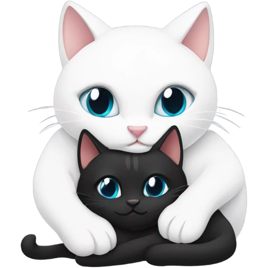 White and black cats hugging with different coloured eyes emoji