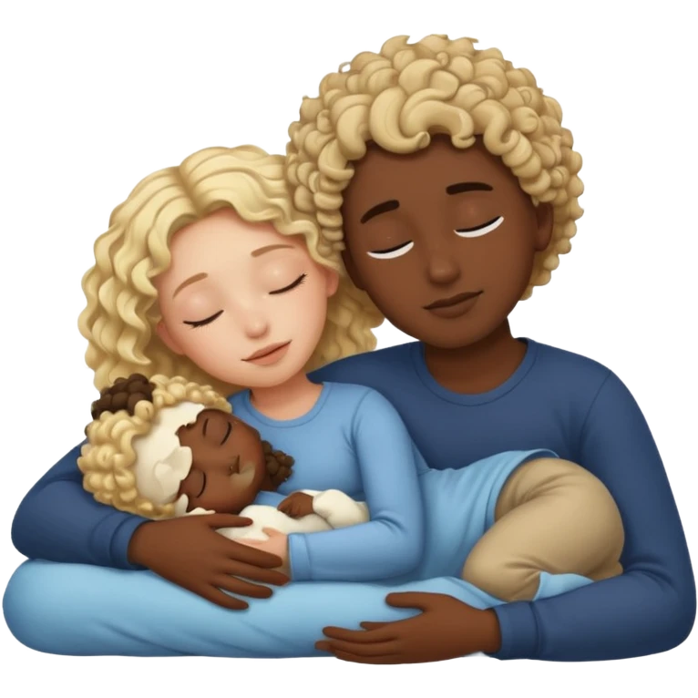 blonde girl and dark skin boy with curly hair sleeping and cuddling emoji