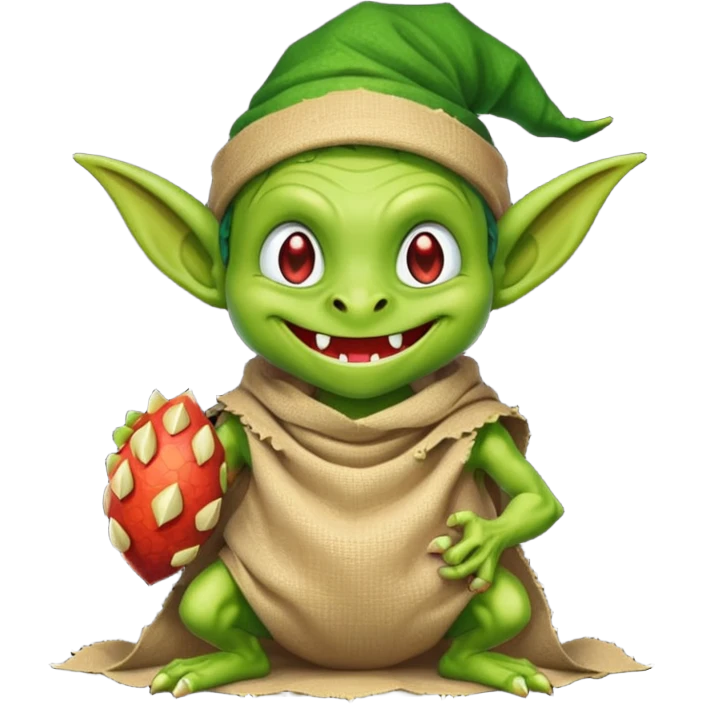 A retro pixel art goblin with a cloth sack over its back filled with dragon eggs. emoji