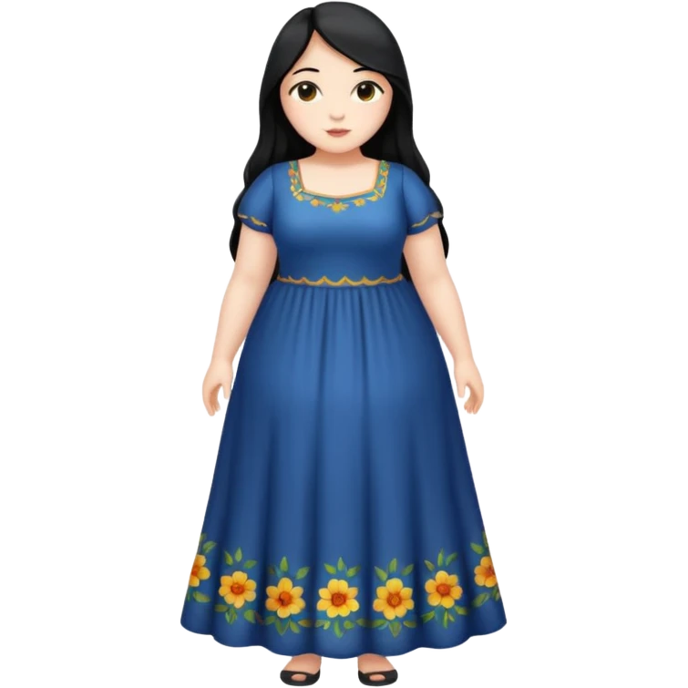 Una chica joven parada de cuerpo completo, gordita piel clara y pelo negro largo emoji