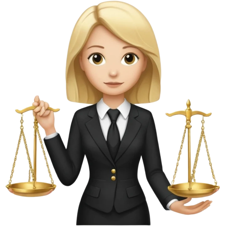 woman lawyer blanche et blonde avec des cheveux mi-long; elle est habillée avec une longue robe noire et une cravate blanche; elle soutient fièrement la balance de la justice  emoji