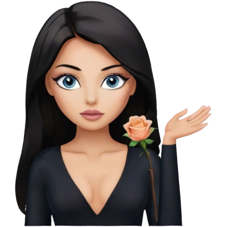 Glamours, tanned, beautiful, girl, with blue eyes, big pump peach-beige-rose lips, eyeliner, long lashes, black straight smooth silky long hair, parting hair in the middle,  in black v-neck bodysuit long sleeves emoji