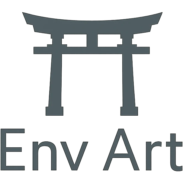 The words 'Env Art' in a clean sans-serif font, with a minimalist Shinto shrine silhouette behind, subtle and professional look. emoji