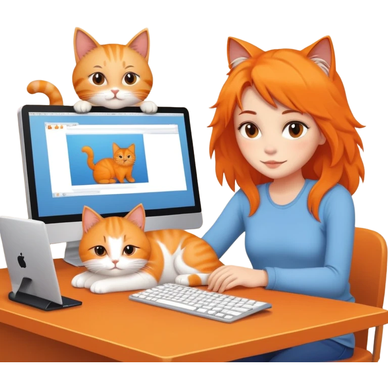 A girl is working in front of a computer, and a cat is lying next to the computer emoji
