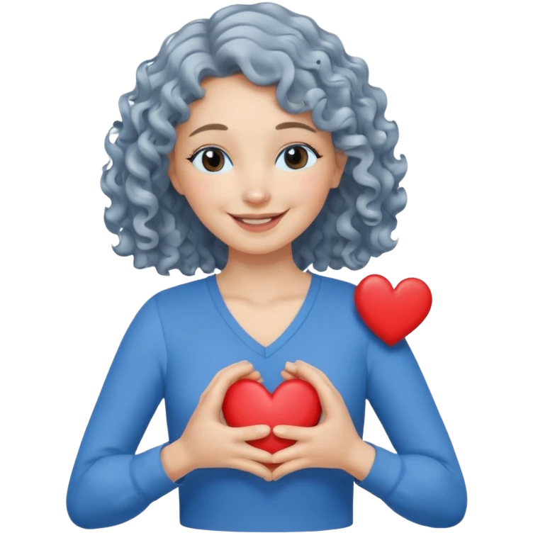Silver, wavy/curly hair chin-length lady giving hug with 2 arms, blue v-neck and smilingm add a heart emoji