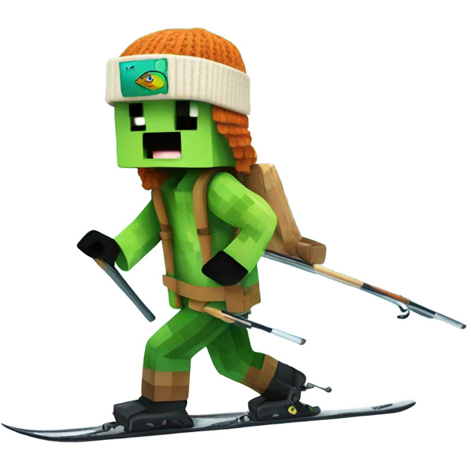 Minecraft Creeper wearing a beanie that looks like a fish and skiing emoji