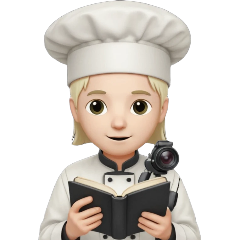 ["A happy man with pale skin, straight hair, wearing a chef hat and no glasses, dressed in goth fashion, is reading a book while holding a camera."] emoji