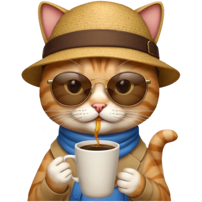 a cat wearing glasses and drinking coffee sitting at the beach emoji