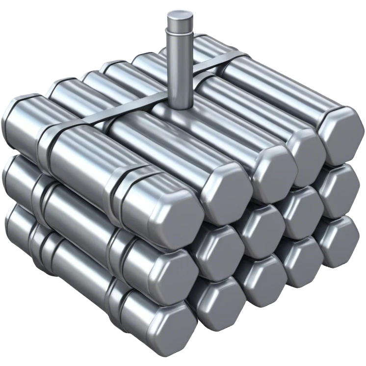A bundle of uranium fuel rods used in a nuclear reactor, with a metallic silver or gray structure and cylindrical rods, arranged in a hexagonal grid, realistic and industrial style, no green color, only metallic shades. emoji