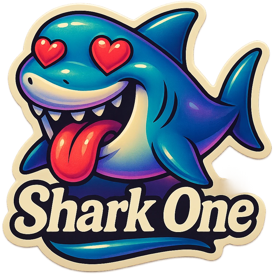 mouth open with tongue out heart shaped eye add the words “ Shark One " in White emoji