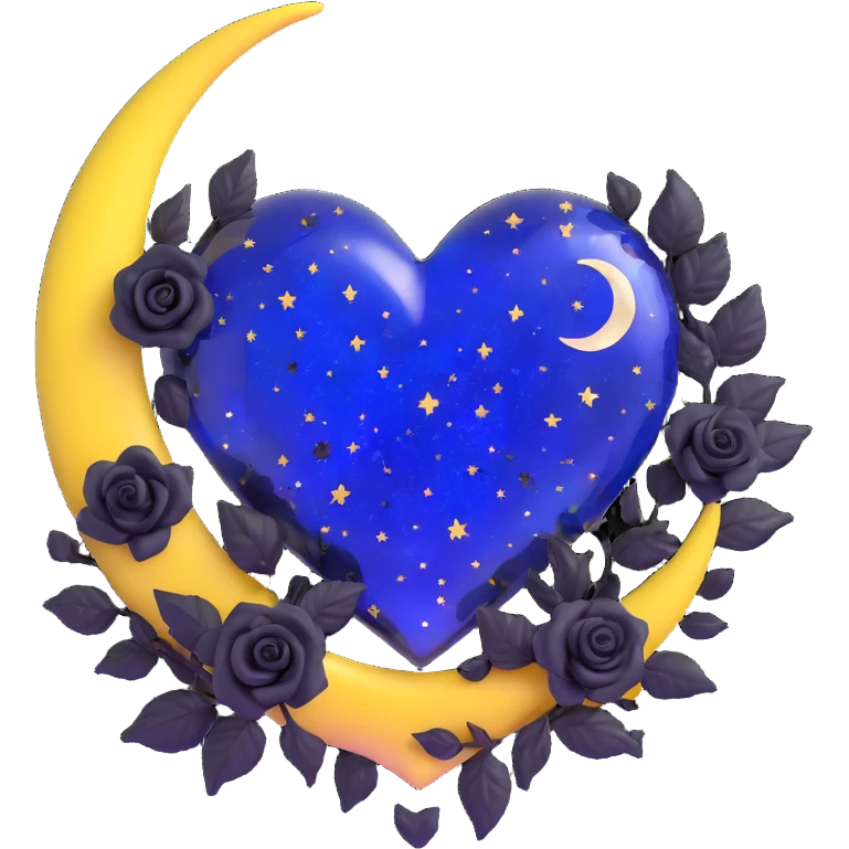 gothic heart made of midnight blue glass with a silver crescent moon, tiny black roses, shimmering stardust, confetti burst effect emoji