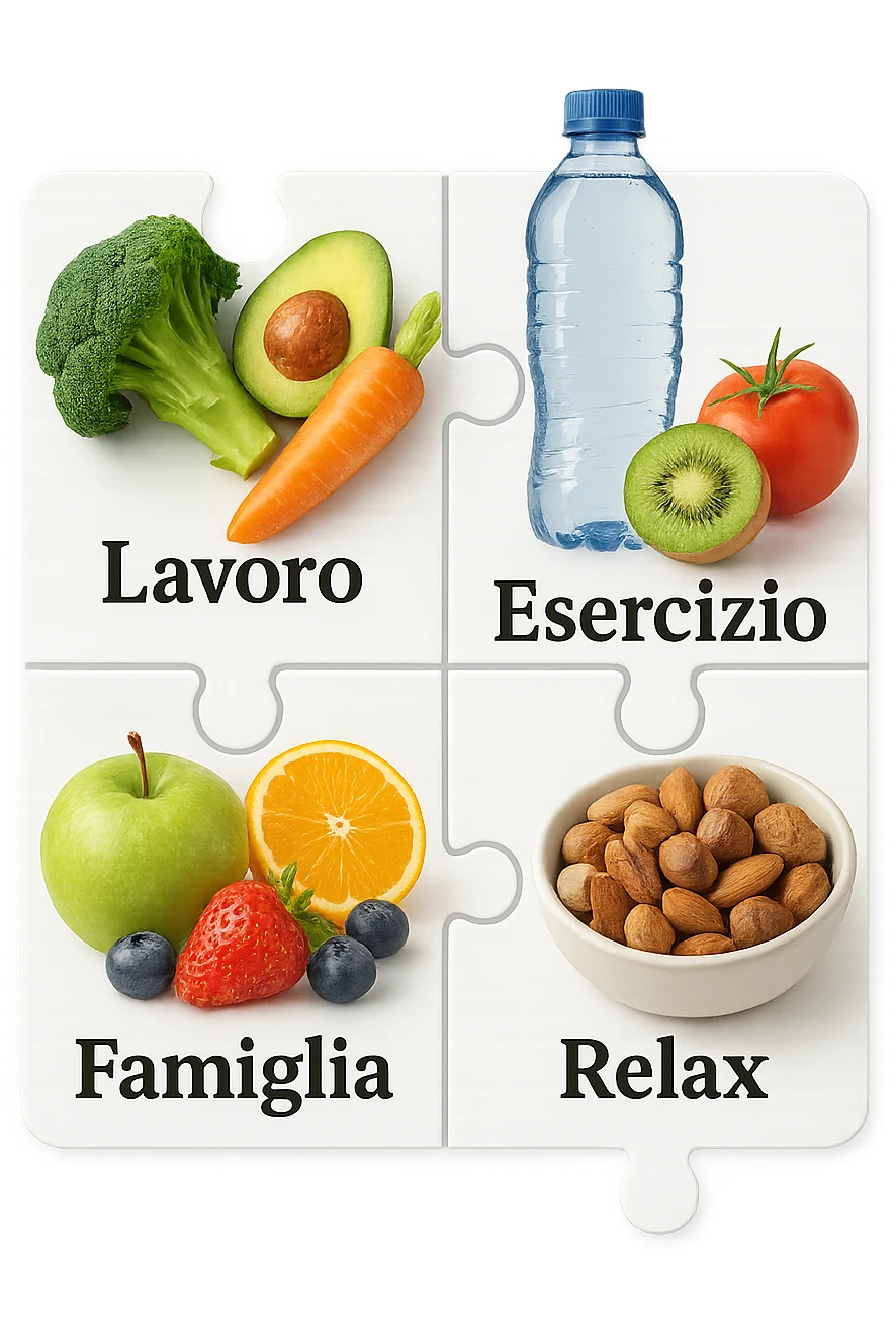 Puzzle (Lavoro, Esercizio, Famiglia, Relax), and healthy foods are integrated into each piece. in italiano emoji