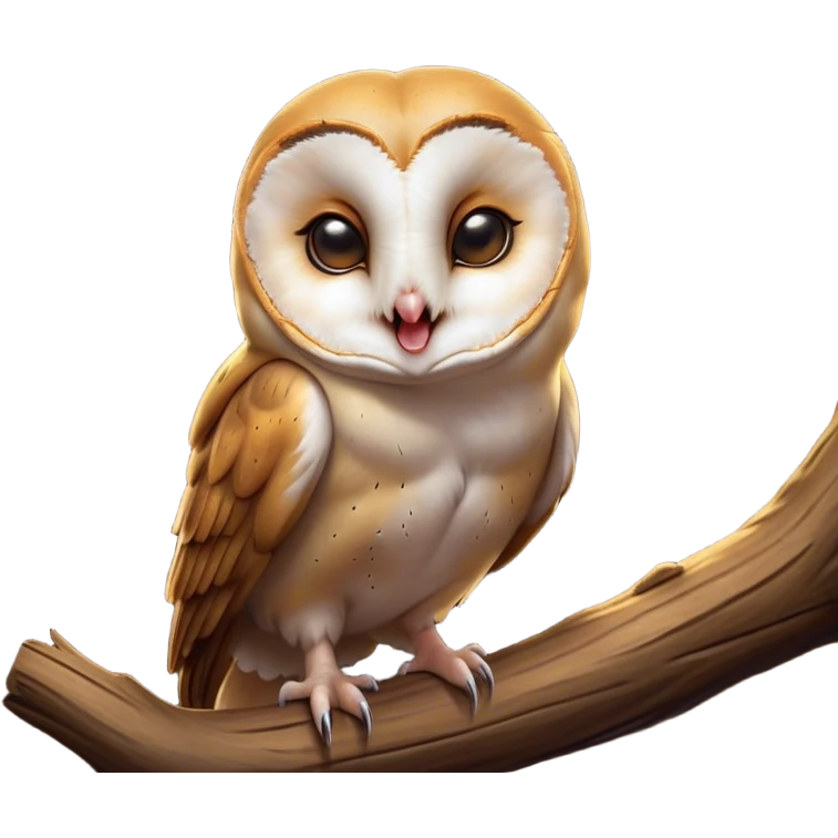 Cinematic Cute Yawning Barn Owl Portrait Emoji, Head tilted slightly with a dramatic, wide-open yawn, showcasing a soft, mottled plumage with subtle brown accents and gently drooping feathers, round amber eyes barely open in drowsy contentment, Simplified yet irresistibly adorable features, highly detailed, glowing with a soft, cozy glow, high shine, relaxed yet expressive, stylized with a touch of nocturnal whimsy, bright and endearing, soft glowing outline, capturing the essence of a sleepy yet affectionate owl, so drowsy it feels like it could glide out of the screen and curl up for a nap! emoji