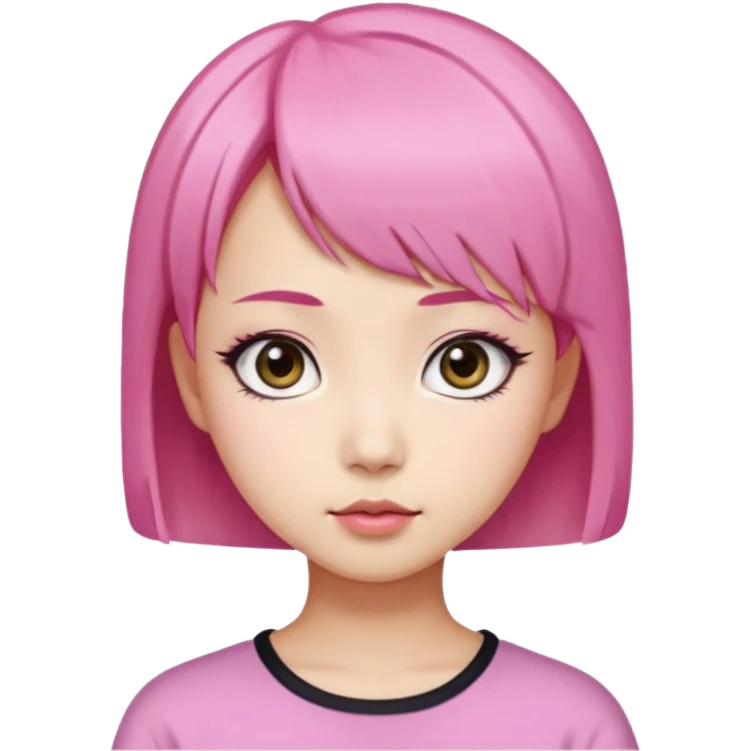 An Asian girl with pink short hair, big eyes, thick eyebrows, and long eyelashes;  emoji