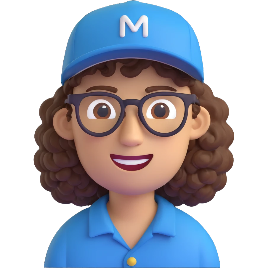 man with a New Era cap, curly hair, and glasses, 3D emoji style emoji