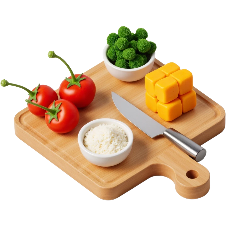 Ingredients on teh wooden cutting board with floating list emoji