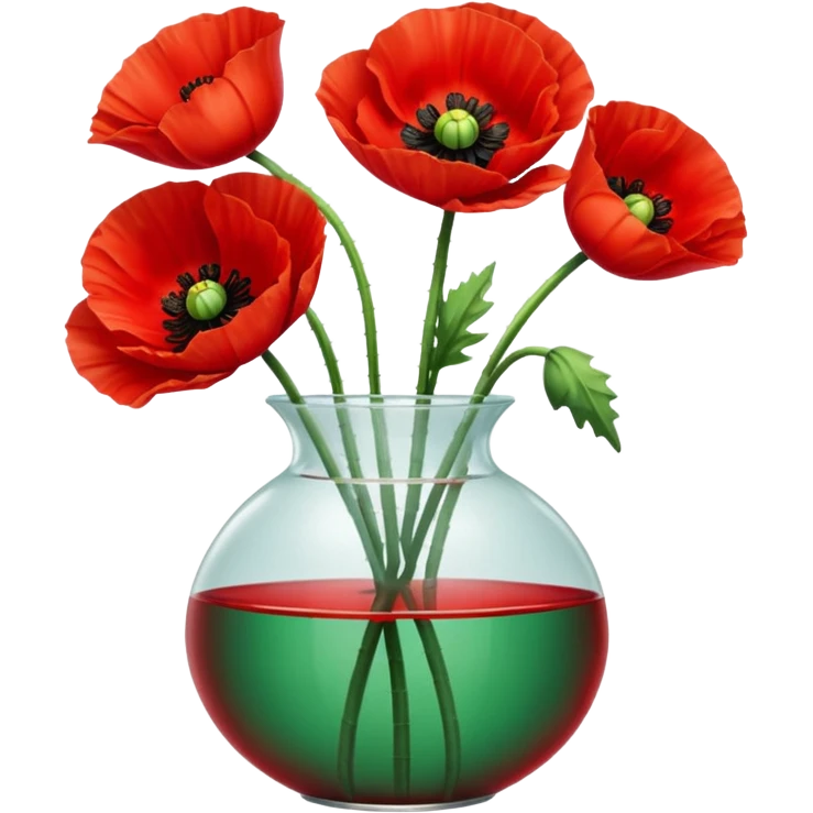 three big realistic poppy flowers in a clear vase with clear water emoji