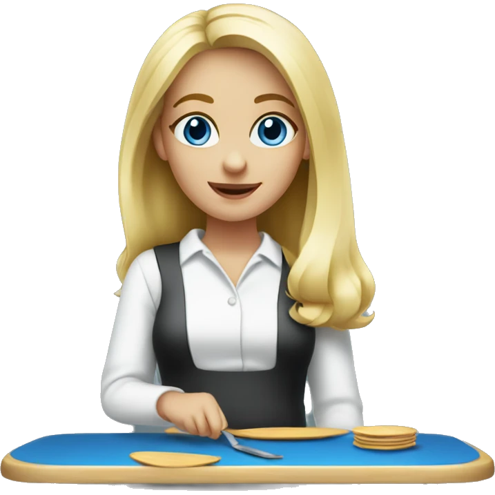 Blonde girl serving tables with blue eyes emoji