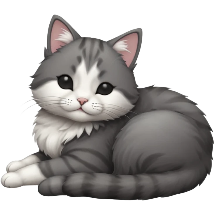 dark grey and white small cat with his eyes closed leaning his head on his paw while lying down emoji