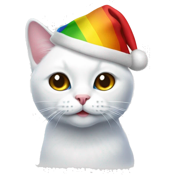 White cat with Christmas cap holding an lgbt flag emoji