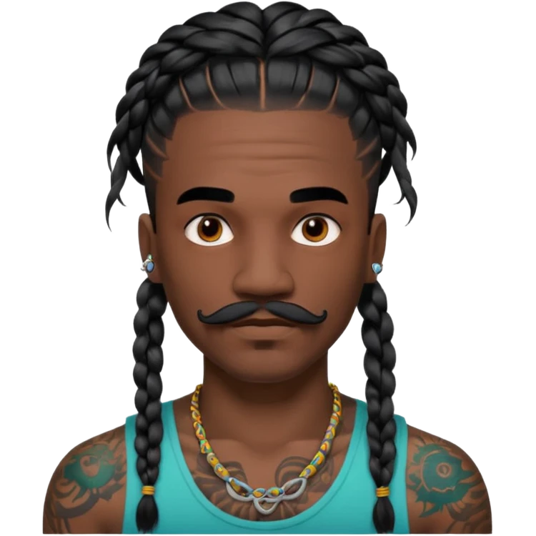 big lose braids starting from the top of the head man with mustache face wiith big visible loose only two braids and lots and lots of colored face tattoos colored tattoos like a tattoo artist hair unique color emoji