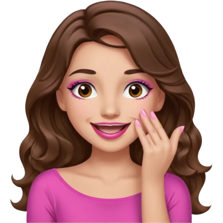 girl with long wavy brown hair, brown eyes, long lashes makeup, pink lips, light to medium complexion, pink sexy top, smiling, hand covering the mouth, giggling emoji
