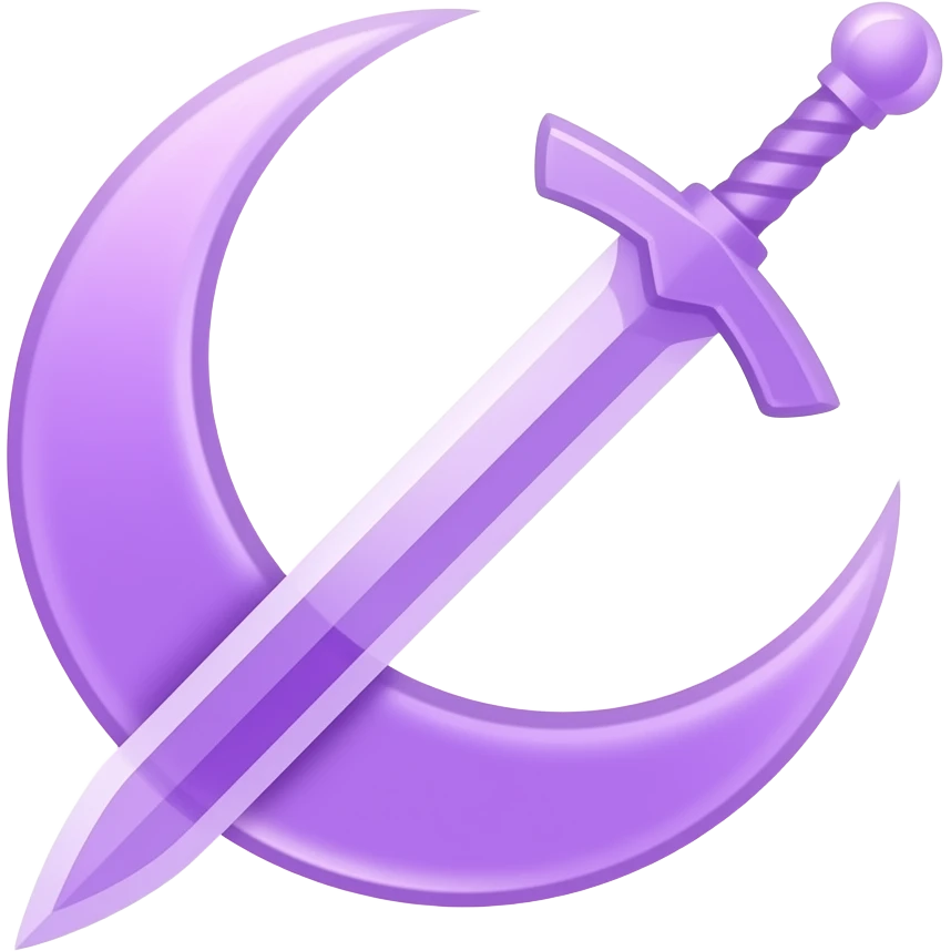 Glowing purple crescent moon with an elegant glowing purple transparent sword, emoji style. Soft violet and pink glow, minimal clean design, smooth edges, subtle lighting, centered, high contrast, transparent background. emoji