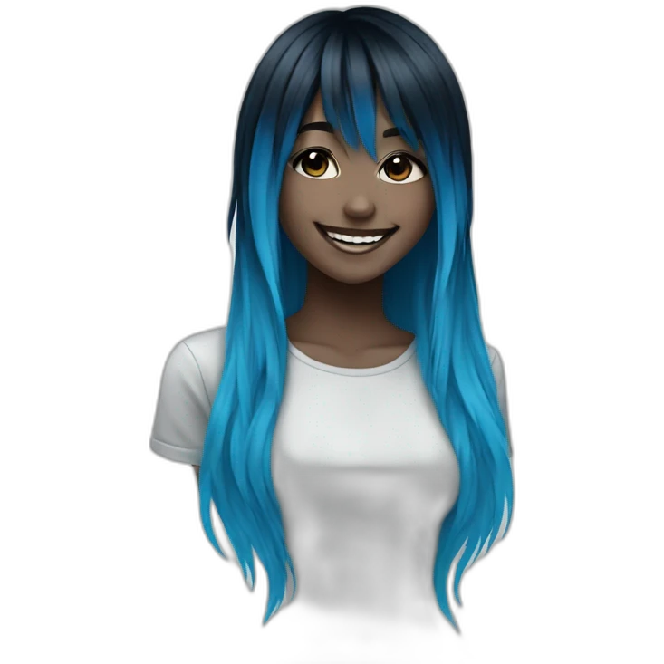 Happy emo girl, black makeup, long choppy blue hair side bangs emoji