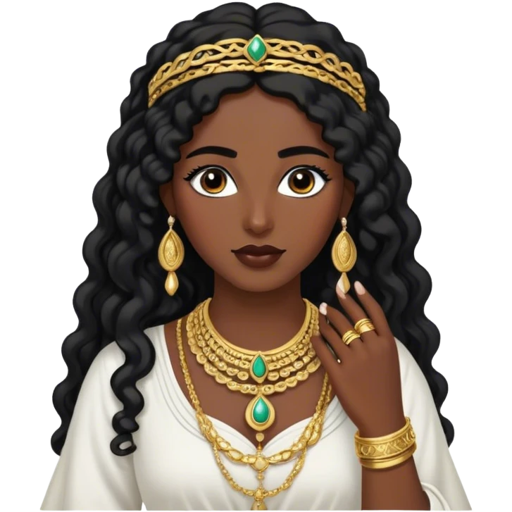 The Palestinian woman, she had long curly black hair and well defined eyebrows wears a white traditional dress. Her accessories steal the spotlight—intricately designed gold bangles, statement rings, and layered necklaces— she doesn’t have a head or hair accessories emoji