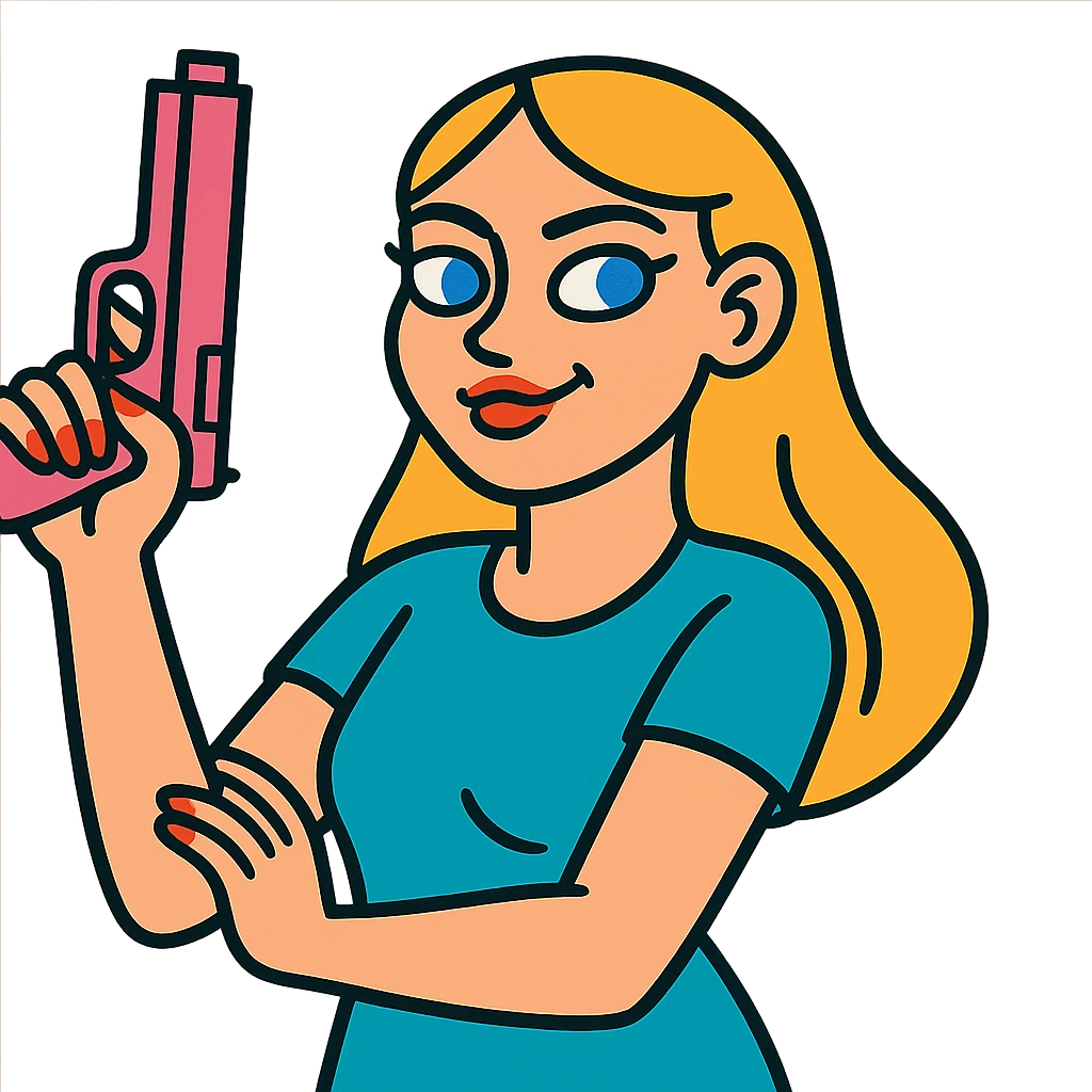 white girl, blue eyes, pink nails, holding a pink gun, playful and sassy vibe emoji