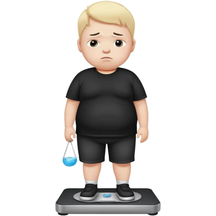 sad fat young boy in black t shirt on weight scale  emoji