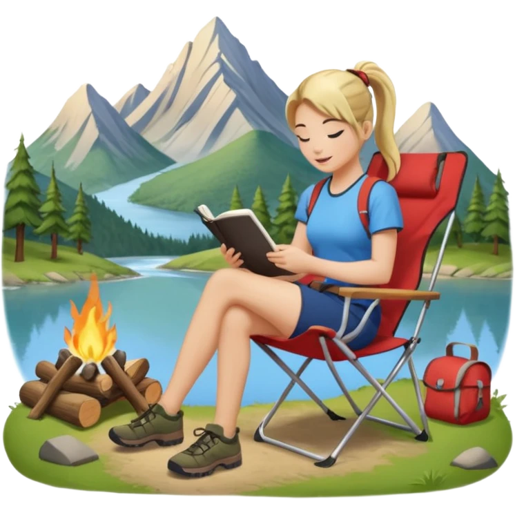 A pony tail hair woman journaling on a camping chair, enjoying the quiet nature scene. emoji