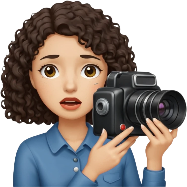 Woman with chin length dark curly hair holding a camera softly crying emoji