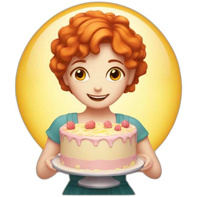 red-haired girl with a cake around the sun emoji