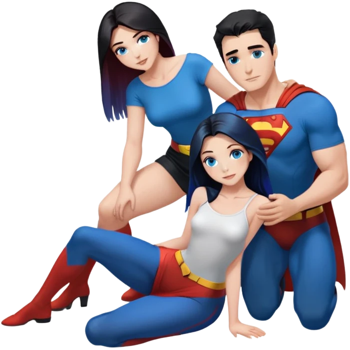 Art of woman's very gorgeous body scheme anatomy-bare shoulders and front-blue eyes-very long straight black to blue hair ombre-kneeling-front-leaning back-looking at male redish brownish haired man in superman shirt  to her side emoji