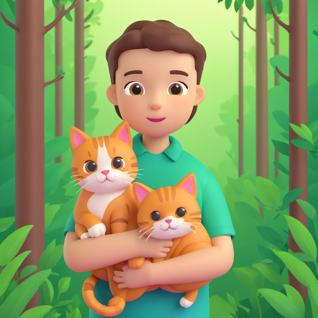 boy and cat pet in forrest background, close up pose emoji