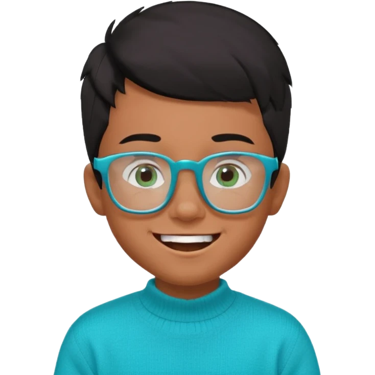 Chico de 7 años, pelo negro y repeinado pero con volumen hacia arriba, piel marrón, gafas cuadradas azules, sonriente y sin 1 diente, jersey verde turquesa y ojos muy rasgados, Y NADA redondeados, NO REDONDOOOOOOOOOOO ESO 0 emoji