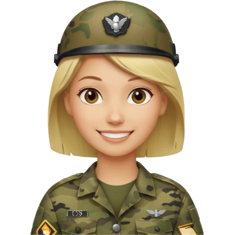 Apple-style emoji: female soldier, bust, no cap/helmet, friendly smile, generic camo top, blonde hair emoji