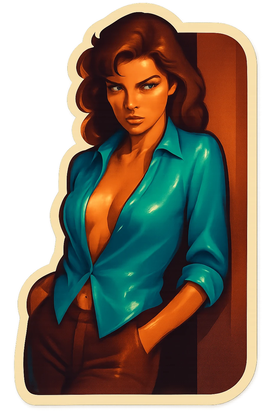 A woman with a smoldering gaze, shirt unbuttoned, leaning against a wall, stylized sticker, designed for women who love women emoji