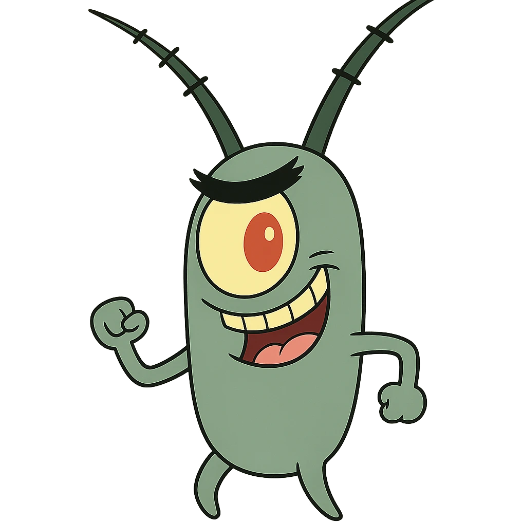 Plankton from Spongebob, mischievous expression, green, one eye, cartoon style emoji